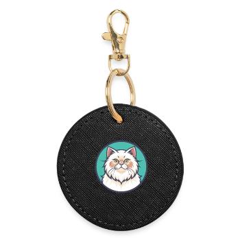 White Longhair Persian Cat Breed Cartoon Kawaii - Round Keyring - black - Front