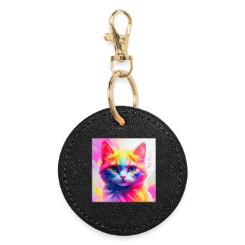 Lebendiges Regenbogenkatzen-Kunstwerk - Runder Schlüsselanhänger - Schwarz - Vorne