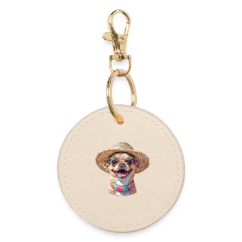 Chihuahua mit Strohhut & Sonnenbrille - Runder Schlüsselanhänger - Auster - Vorne