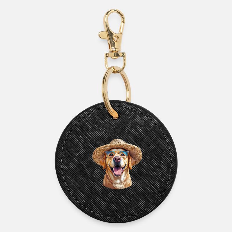 Labrador mit Strohhut & Sonnenbrille - Runder Schlüsselanhänger - Schwarz