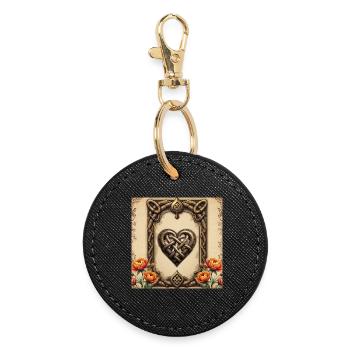 Celtic Heart Linked with Flowers - Round Keyring - black - Front