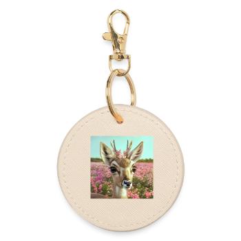 Cerf avec couronne de fleurs dans une prairie printanière (AI-Art) - Porte-clés rond - huître - Devant
