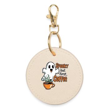 Spooky Ghost with Coffee Humor - Round Keyring - oyster - Front