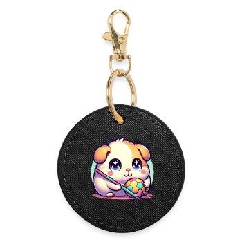 Kawaii Hamster Mit Ball Und Hockeyschläger Sport - Runder Schlüsselanhänger - Schwarz - Vorne