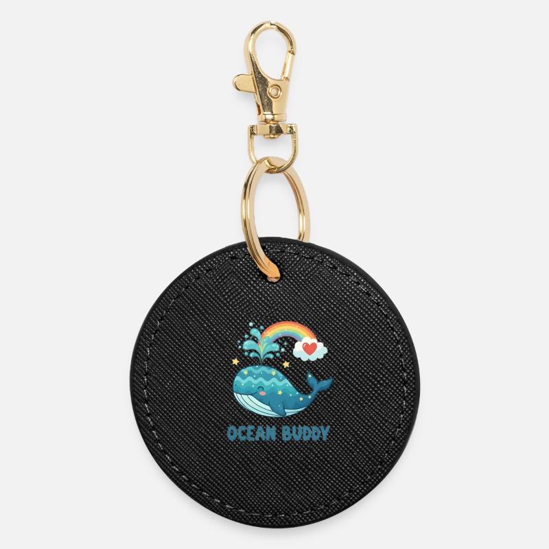 Whimsical Ocean Whale with Rainbow Heart - Round Keyring - black