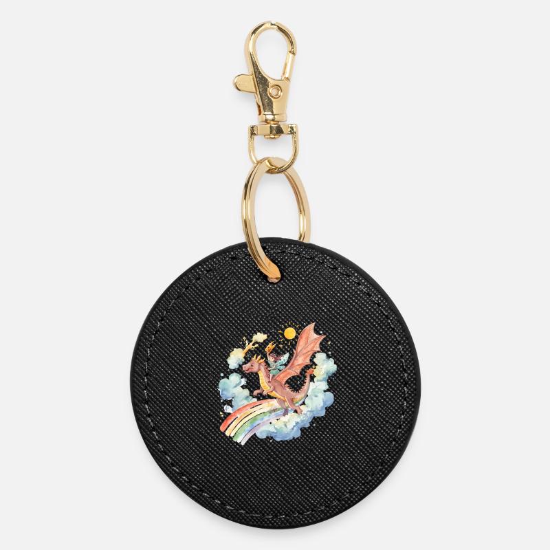 Fille avec dragon et arc-en-ciel - Porte-clés rond - noir