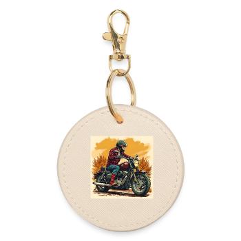 Plaid Socks + Biker Illustration - Round Keyring - oyster - Front