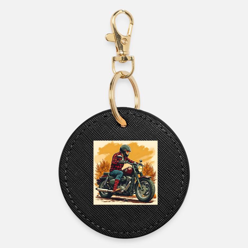 Chaussettes à carreaux + illustration de motard - Porte-clés rond - noir