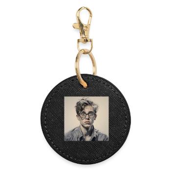 Grayscale Glasses Portrait - Round Keyring - black - Front