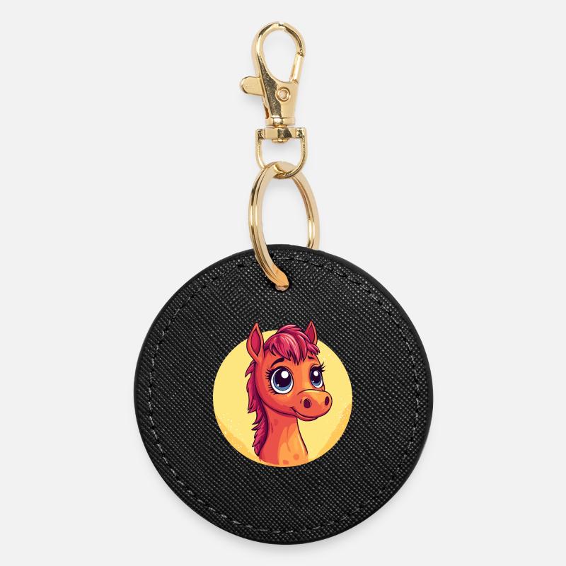 Dessin animé de portrait de poney câlin - Porte-clés rond - noir