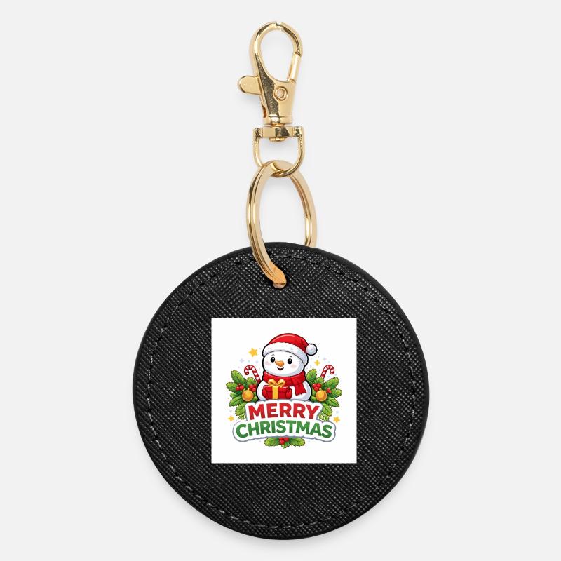 Snowman with gift Christmas fun - Round Keyring - black