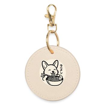 Happy Corgi Dog Eating Ramen Noodles - Round Keyring - oyster - Front