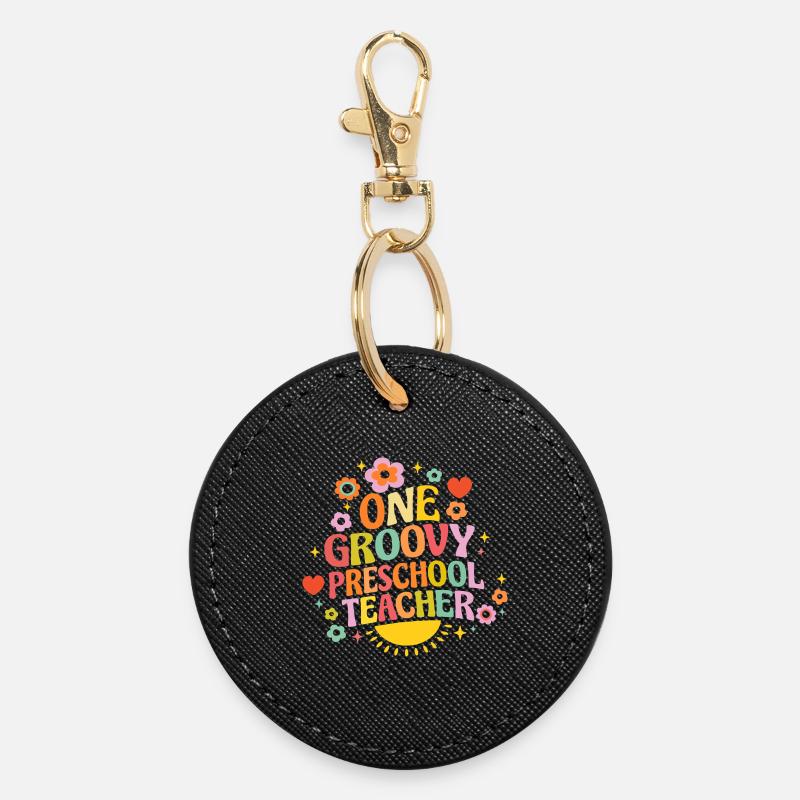 Enseignante de maternelle stylée avec du cœur et des fleurs - Porte-clés rond - noir