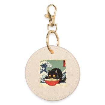 Japan Cat Ramen Noodles Retro Wave Pattern - Round Keyring - oyster - Front