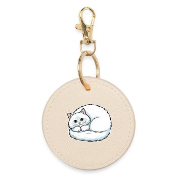 Chat Blanc Angora Yeux Bleus Enroulé Mignon - Porte-clés rond - huître - Devant