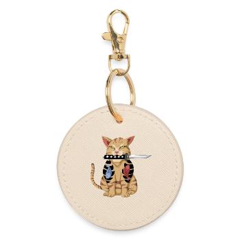 Katana Cat Japanese Samurai Funny Kitten Gift - Round Keyring - oyster - Front
