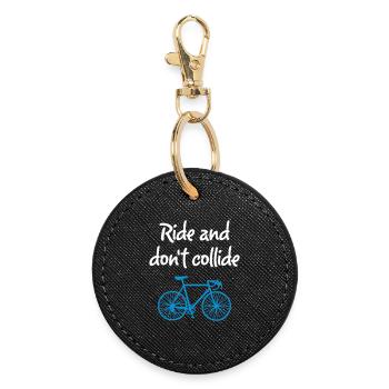 Ride Collide Wheel Cool Sayings English Bicycle - Round Keyring - black - Front