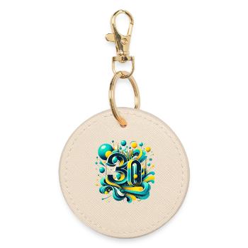 30 ans anniversaire rétro futuriste 3D bleu jaune - Porte-clés rond - huître - Devant