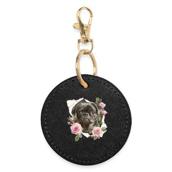 Mops Blumen Vintage - Runder Schlüsselanhänger - Schwarz - Vorne