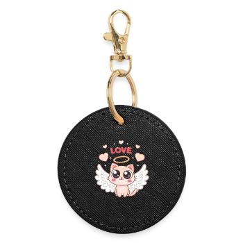 Winged Angelica Cat and Heart - Round Keyring - black - Front