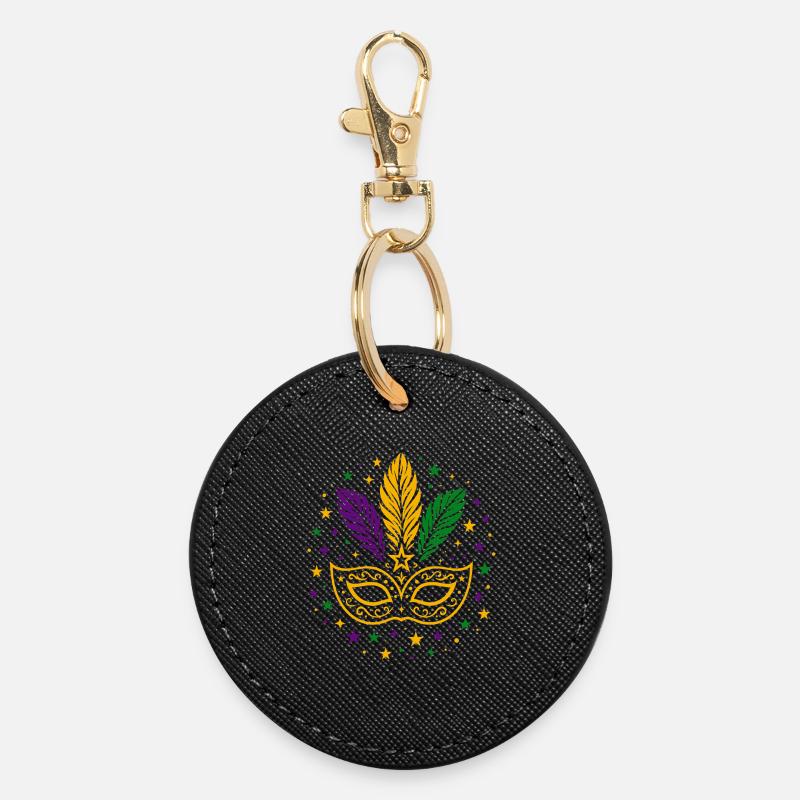Carnival Mask with Feathers & Stars - Round Keyring - black