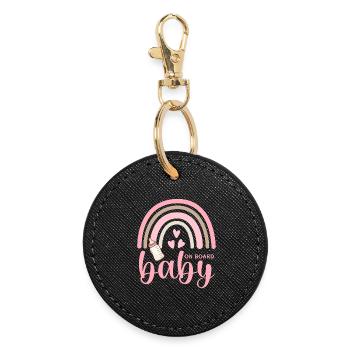 Boho Regenbogen Herzen Babyflasche Baby on Board - Runder Schlüsselanhänger - Schwarz - Vorne