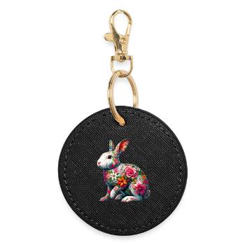 Rabbit decorated with flowers - Round Keyring - black - Front