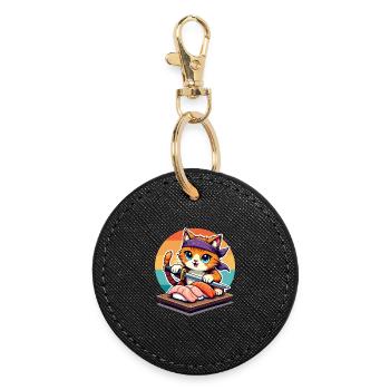 Sushi Master Cat with Sunset holding Katana knife - Round Keyring - black - Front