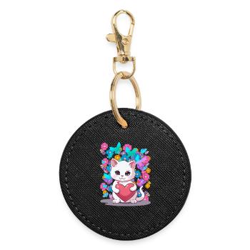 Chat Printemps Fleurs Coeur Enfants Bébé Chaton - Porte-clés rond - noir - Devant