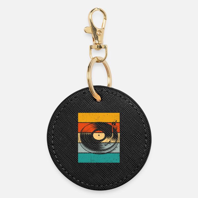 Platine vinyle rétro - Porte-clés rond - noir