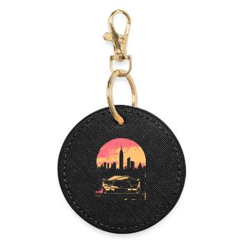 Synthwave Vaporwave Retro Car Skyline Motif Années 80 - Porte-clés rond - noir - Devant