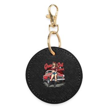Tuned for Trouble – Retro Auto Girl Design - Round Keyring - black - Front