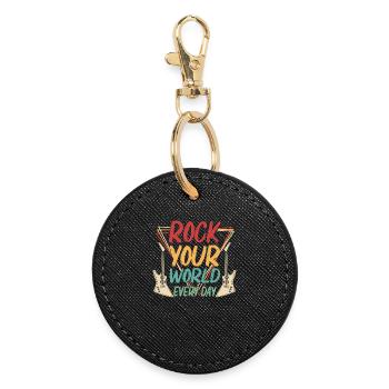 Rock Your World Every Day Music Guitar Rock Band - Round Keyring - black - Front
