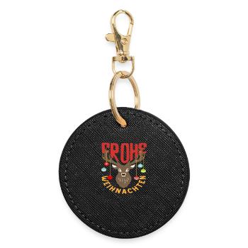 Merry Christmas Reindeer with Santa Hat - Round Keyring - black - Front