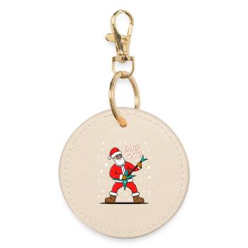 Santa Rocks! Santa Playing Guitar This Christmas - Round Keyring - oyster - Front