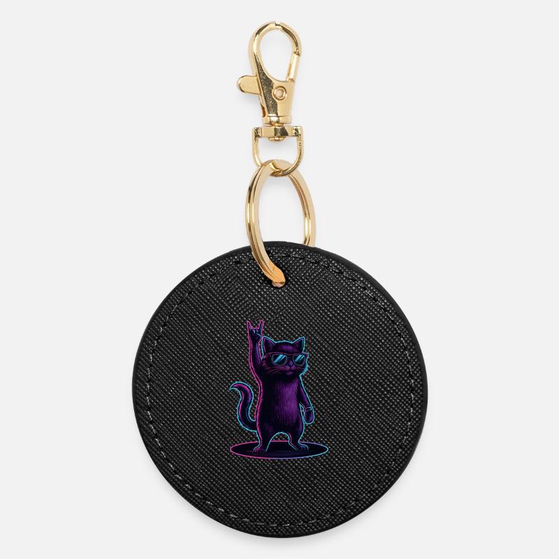 Chat Chat Synthwave avec la pose Rockhand - Porte-clés rond - noir