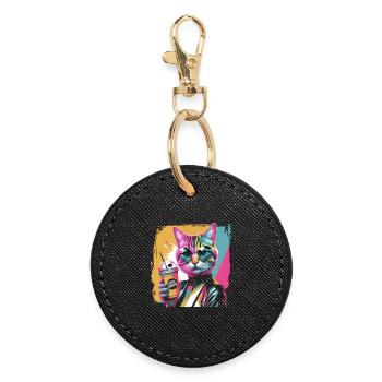 Chat pop art avec motif cartoon coloré à boisson - Porte-clés rond - noir - Devant