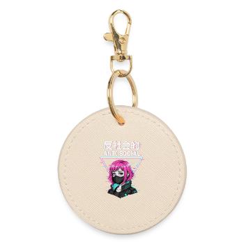 Antisocial Japanese Vaporwave Anime Girl - Round Keyring - oyster - Front