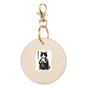 Samurai Cat Japanese Ukiyoe Warrior Kawaii - Round Keyring - oyster - Front