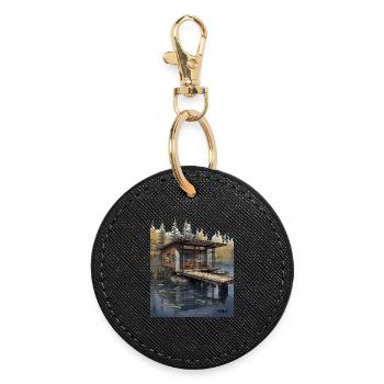 Lakeside Cabin at Dusk - Round Keyring - black - Front
