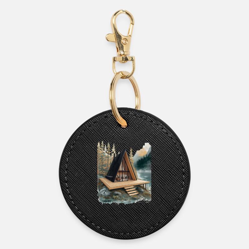 Aframe Lake Retreat - Round Keyring - black