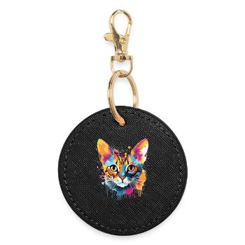 Colorful Bengal Cat Face Splash Art - Round Keyring - black - Front