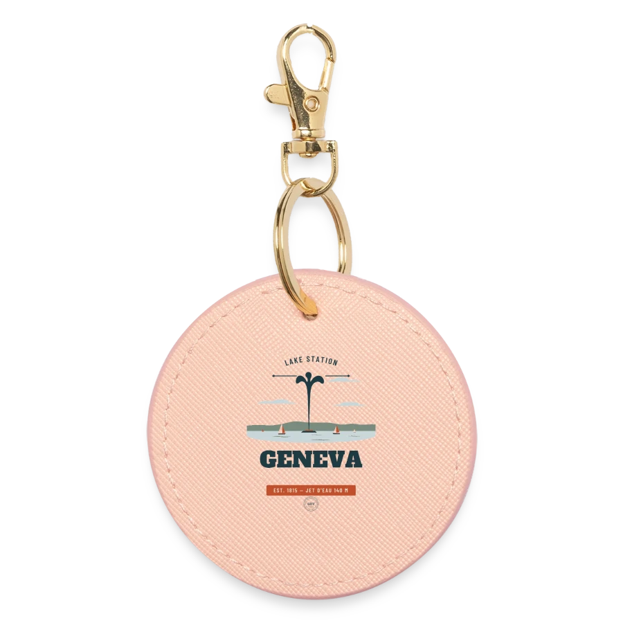 Geneva badge on a round keyring, light pink