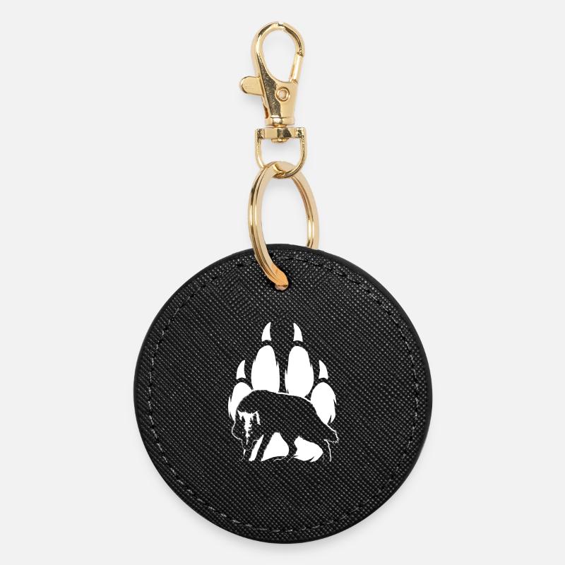 Wolf silhouette and paw - Round Keyring - black