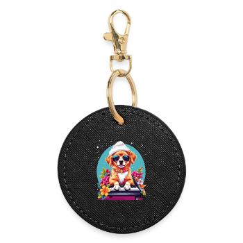 Chien avec piano - Porte-clés rond - noir - Devant
