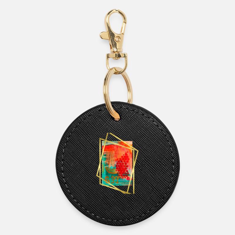 Abstract Fusion with Vibrant Hexagons - Round Keyring - black