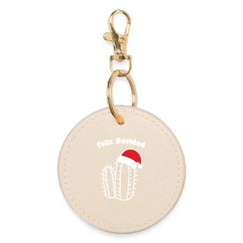 Feliz Navidad Merry Christmas Cactus Santa Hat - Round Keyring - oyster - Front