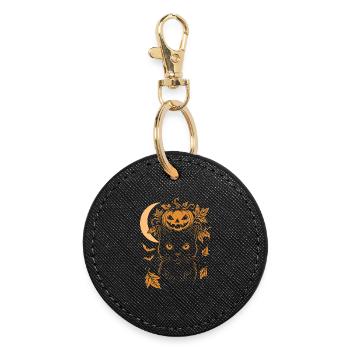 Halloween Katze mit Kürbis und Mond - Runder Schlüsselanhänger - Schwarz - Vorne