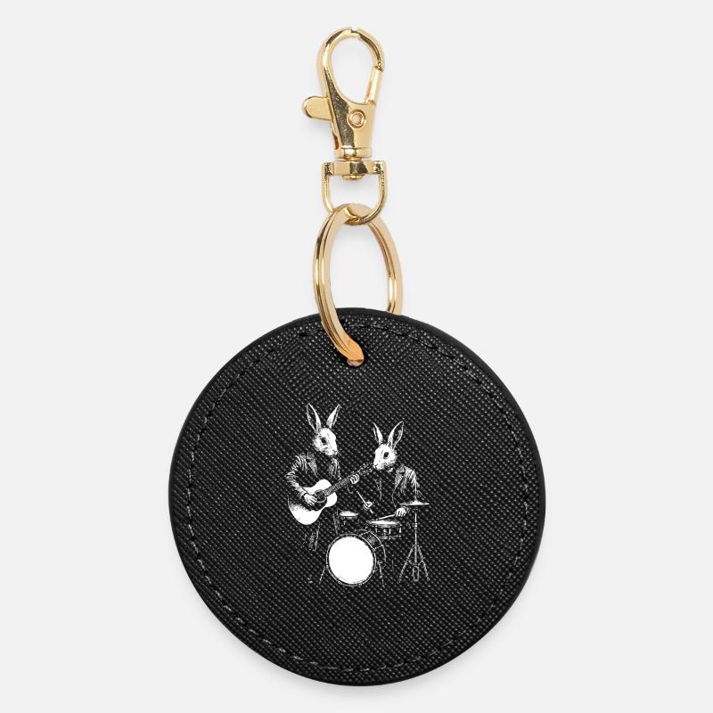 Bunny Band Jam: Guitar & Drums - Round Keyring - black