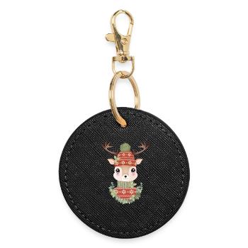 cerf mignon avec chandail, bonnet pompon et couronne - Porte-clés rond - noir - Devant